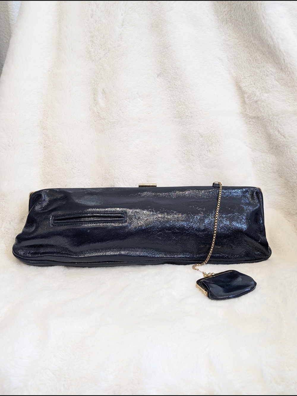 Vtg Hobo International Navy Patent Leather Clutch with Chain Strap Coin Purse